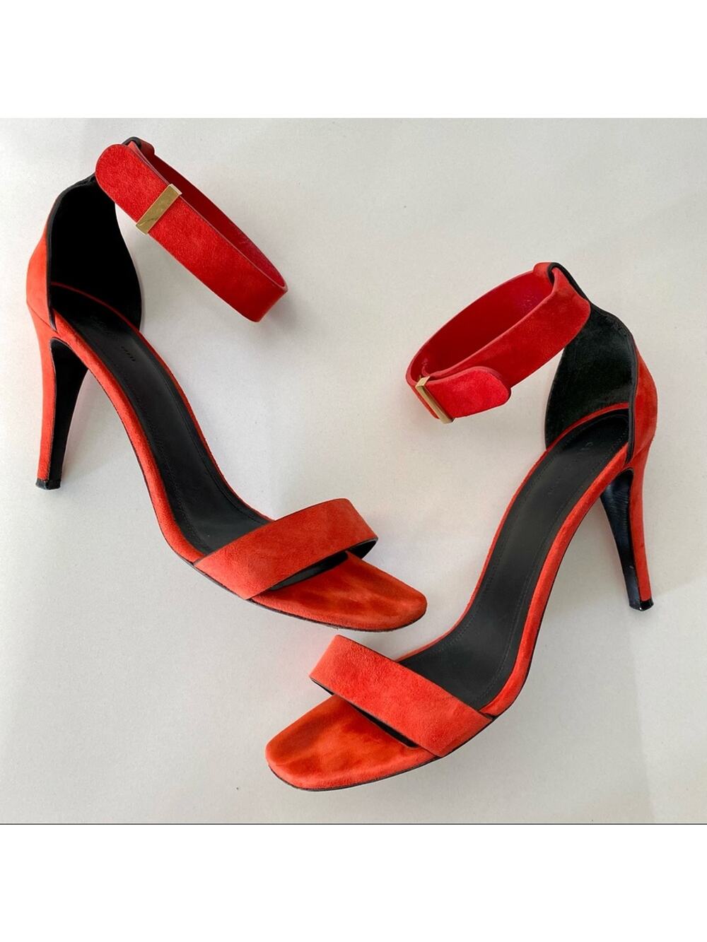CELINE PARIS Italy Red Suede Gold Stiletto Ankle Strap High Heel Sandals 37